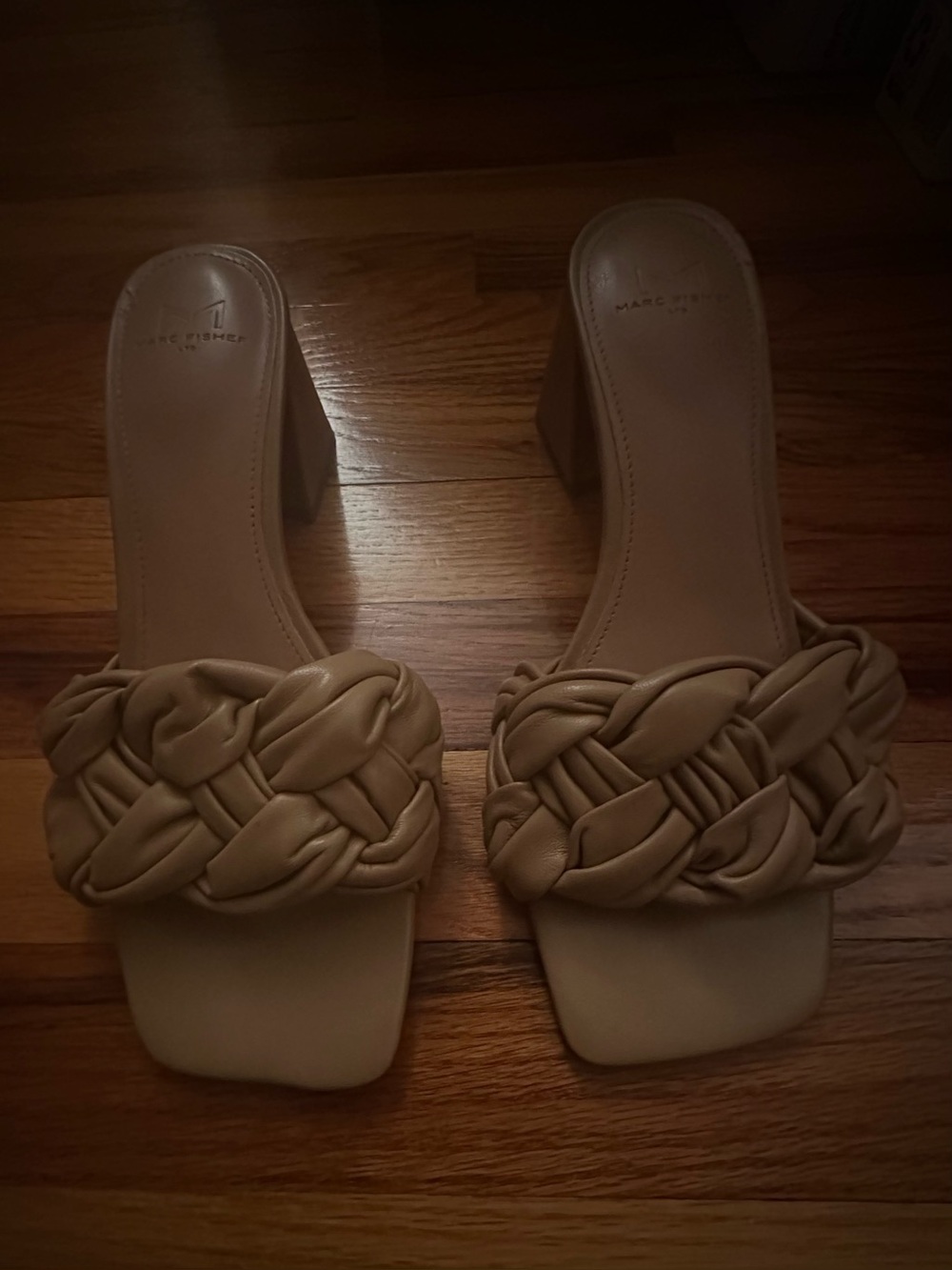 Marc Fisher tan braided block-heel mules